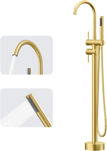[BRSRAHTRBEPRODLH] GIMILI Gold Floor Mount Bathtub Faucet Freestanding Tub Filler Standing High Flow Shower Faucets Shower Mixer Taps, Swivel Gooseneck Spout with Cylinder Handheld