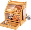 Bread Box for Kitchen Countertop, 3 Tier Bread Box with Window, Large Bamboo Bread Storage Container Built in Storage Organizer for Chopping Board, Knife and Fork, Corner Breadbox Holder Cabinet