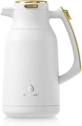 [BRSW2ADQCUFGADI7] IDEUS Thermal Coffee Carafe 68oz (2,000ml), Stainless Steel Double Wall Insulated Vacuum Flask, Water Jug Coffee Server and Beverage Dispenser, Heat and Cold Retention (White-Gold, 68oz (2,000ml))