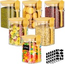 Glass Jars with Bamboo Lids and Spoons - 6 Pack 18 Fl.oz Square Glass Containers Set, Includes Labels and Marker, Clear Pantry Storage Container for Sugar, Coffee Bean, Flour, Tea, Cookies, Nuts