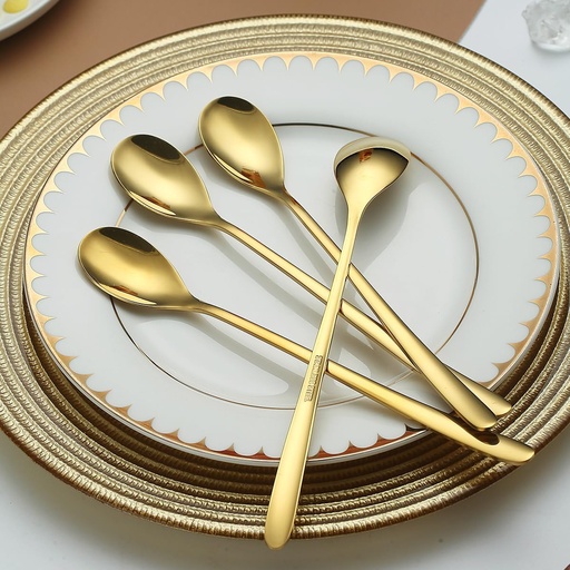 [BRSRAGL4PJ6RGHLF] Generic Gold Long Handle Iced Tea Spoons Set of 4 Pieces, Titanium Plated Stainless Steel, Stirring Bar, Coffee, Ice Cream, Cocktail Spoons, Dishwasher Safe