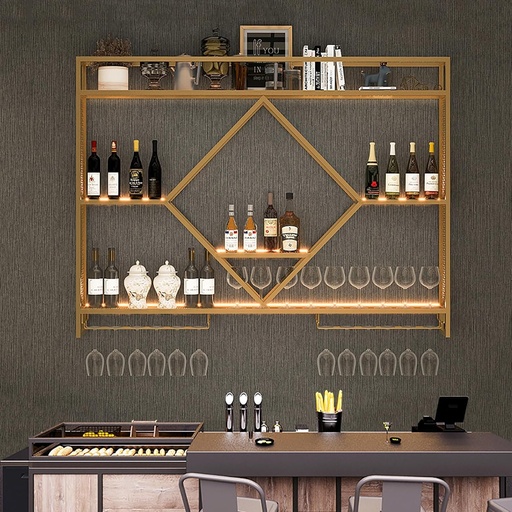 [BRSRACQKOUCRG3D7] Bar Shelf Wall Mounted Wine Rack With Hanging Wine Glass Holder With LED Light,Floating Bar Shelves,Iron Liquor Bottle Display Shelf,Metal Wine Storage Racks For Kitchen,Wine Cellar,Black/Gold(