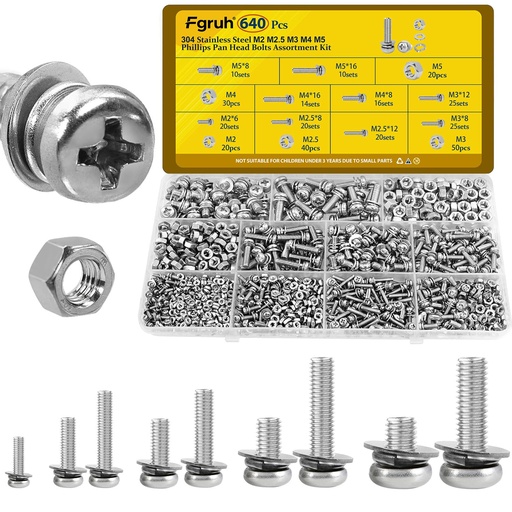 [BRSREFL3A4MA2AA2] 640PCS Machine Screws Assortment Kit, M2 M2.5 M3 M4 M5 Nuts and Bolts Assorted Set, 304 Stainless Steel Metric Combination Screw with Fixed Washers (All-in-One Design)