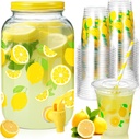 Umigy 1 Gallon Glass Lemon Water Dispenser with 100 Pcs 16 oz Lemon Disposable Plastic Cups with Lids and Straws Beverage Drink Dispenser with Spigot for ​Lemonade Stand Party Juice Ice Tea Beer