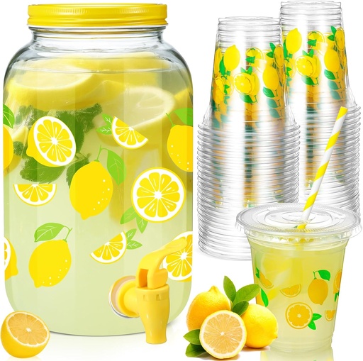 [BRSREZAKDEHBUG34] Umigy 1 Gallon Glass Lemon Water Dispenser with 100 Pcs 16 oz Lemon Disposable Plastic Cups with Lids and Straws Beverage Drink Dispenser with Spigot for ​Lemonade Stand Party Juice Ice Tea Beer