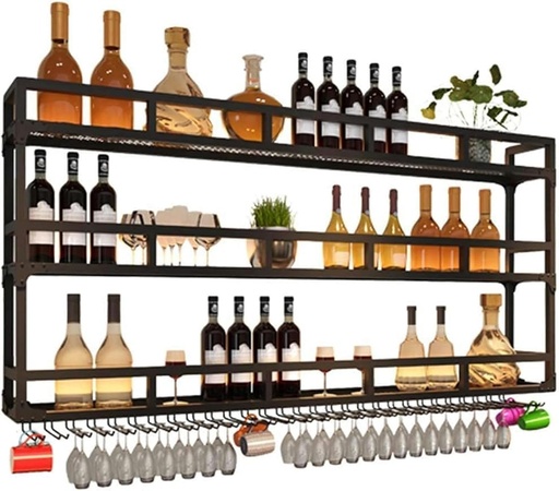 [BRSRAED6A4AWMF3A] Wine Rack Wall-Mounted Multi-Layer Storage Retro Bar Counter Iron Wine Cabinet Upside Down Wine Glass Rack Bottle Holder with Glass Holder and Shelf for Wine Cellar, Fam,Two Floors-80cm