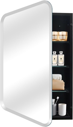 [BRSRAYIBB57GC3TF] Medicine Cabinet with 16" x 26" Frameless Mirror, Black Large Modern Medicine Cabinet for Bathroom, Recessed or Surface Mount Mirror Cabinet
