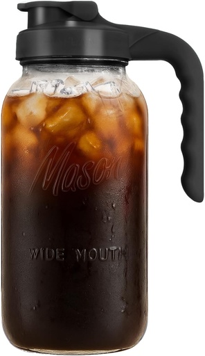 [BRSROBQBOJ7AGYIV] Mason Jar Pitcher - Airtight & Leakproof Glass Pitcher with Lid, Perfect for Breastmilk, Cold Brew Coffee, Sun Tea, Water & Drinks, 2 Quart (64 oz) Wide Mouth Mason Jar with Pour Spout Lid - Black