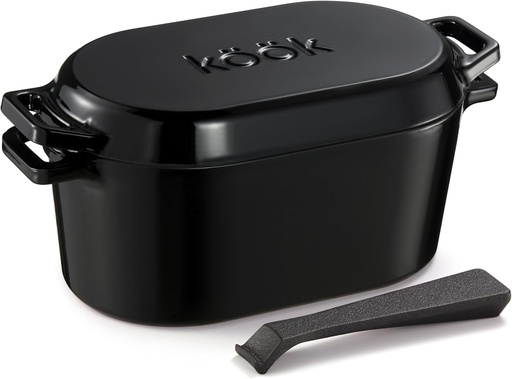 [BRSROGANB4BA4G3V] KooK Dutch Oven, for Bread Baking, Sourdough Loaf Pan, with Lid, Dual Handles, Enameled Cast Iron, includes Lid Lever, Dishwasher Safe, 3.4 Qt, Black