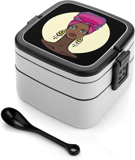 [BRSRACQPOYCB6FD7] African Beautiful Woman Portable Bento Box with Handle 2 Compartment Leak-Proof Stackable Lunch Box for Work Picnic Camping