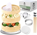 Chef's Palace Bamboo Steamer Basket | 10 Inch 2 Tier Dumpling, Rice and Vegetable Steamer | Chopsticks and Chopsticks Helpers, Silicon Liners, Ring Adapter, Dumpling Helper and Instructions Manual.