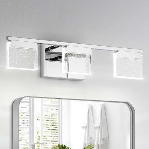 [BRSROAD6BF5A43LX] OKELI LED Modern Bathroom Vanity Light Fixtures, 3-Light, 19.1 Inch, 6000K Crystal Bubble Wall Lighting Fixtures Over Mirror, Dimmable Chrome Bathroom Vanity Lights Bar for Bedroom