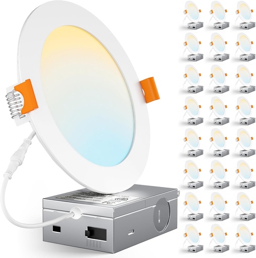 [BRSREZYZBYFR42TV] CHARKEE 24 Pack 6 Inch 5CCT Ultra-Thin LED Recessed Ceiling Light with Junction Box, 2700K-5000K, 1050LM High Brightness, Dimmable Canless Wafer Downlight,12W Eqv 110W, ETL & Energy Star & FCC