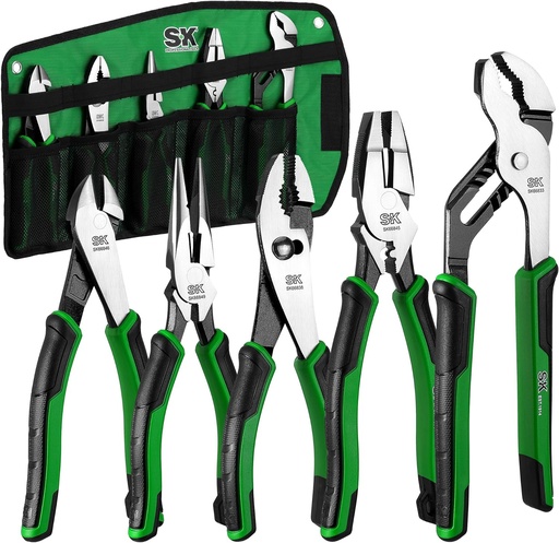 [BRSROFQFAQIRSDY3] SK 5-Piece Pliers Set, 8" Needle Nose & Slip Joint & Diagonal Pliers, 9.5" Linesman, and 10" Groove Joint, CR-V Construction, Anti-slip Handle, with Rolling Pouch