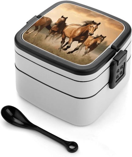 [BRSREHYEDMPWYCLD] Stackable Double-Layer Bento Box Horses Adults Lunchbox with Spoon Cute Japanese Bento Box Dishwasher Safe for Work Travel Dining Outc