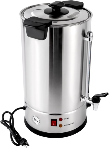 [BRSREZAQPMHBMGT4] Coffee Urn, Commercial-Grade Large 15L Capacity Tabletop Coffee Urn, 1400w Stainless Steel Electric Hot Water Pot Urn, Double-layer Barrel Wall, Overheat Protection, Thermostable Design, Silver