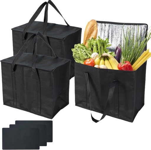 [BRSRAAQQCMHB6YL3] 3Pcs Insulated Grocery Shopping Bag, FHDUSRYO 40L Large Black Food Delivery bags, Durable Thermal Cooler Bags with Handles and Bottom Plates, Reusable Lunch Container for Catering Grocery (43x26x33cm)