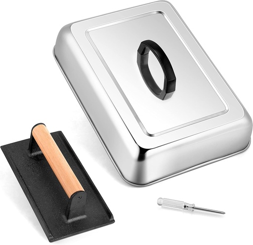 [BRSW2BL4CEPWCCYU] HaSteeL 13 x 9.75In Melting Dome & 8 x 4In Burger Press, Rectangular Basting Steam Cover with Bacon Press, Metal Griddle Accessories for Flat Top Teppanyaki Hibachi Grilling Cooking BBQ, Easy to Clean