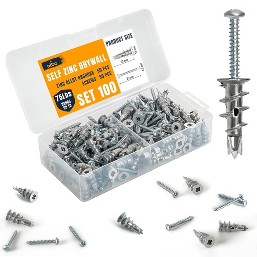 [BRSRAFIFCUBRUFY6] ALBO #6 Zinc Self-Drilling Drywall Anchors, 100PC Set – Includes 50 Heavy Duty Sheetrock Anchors & 50#6 x 1-1/4'' Screws – 75LB Capacity for Hanging and Mounting