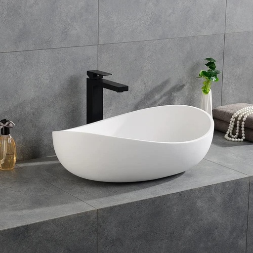 [BRSREGQBBYPWACTZ] Bathroom Sink, 22" Oval Vessel Bowl Sink Stone Resin Modern Artistic Design for Vanity Countertops Matte White with Pop Up Drain (Glossy White)