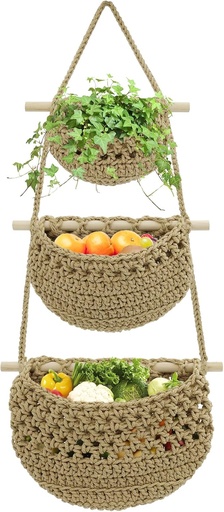 [BRSRAGQOA4IGKDTL] 3 Tier Hanging Fruit Basket, Cotton Woven Wall Hanging Basket for Organizing Fruit Vegetable Storage, Boho Wall Baskets for Kitchen Bedroom Living Room