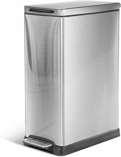 [BRSWGC33A56WAC35] Home Zone Living 12 Gallon Slim Kitchen Trash Can with Soft Close Lid, Step Pedal, Bag Tuck Band, and Removable Liner, Stainless Steel, Silver