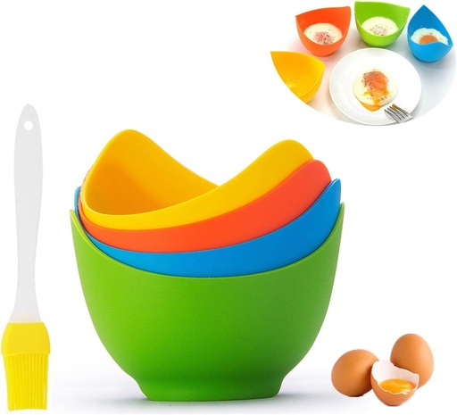 [BRSROCQRPJ5BQCI7] Egg Poacher, 4 Pack Egg Boiler Mold Cup, Poached Egg Cups with Ring Standers, Silicone Egg Poacher Cooker for Microwave Stovetop Air Fryer, with Extra Oil Brush, BPA Free