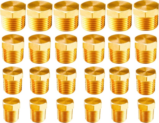 [BRSRMBDQOAFGEHYZ] WHK 24 PCS Brass Hex Pipe Plug Fittings Kits,Brass Plugs Fitting Assortment 1/8" 1/4" 3/8" 1/2" NTP Brass Plug Male Threaded