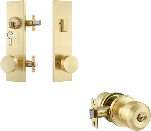 [BRSRAHAPO4PGKCA4] Leydebong Privacy Ball Door Knobs and Front Door Handle Set in Satin Brass