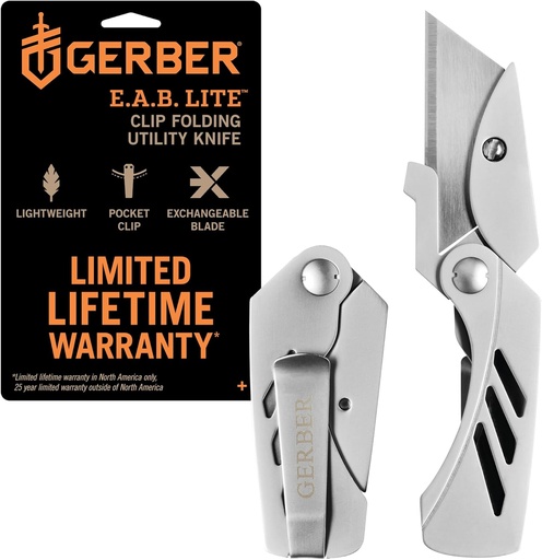 [BRSWIYA3BICROFLU] Gerber Gear EAB Utility Knife, Clips to Pocket or Keychain with Replaceable Razor Blade for Everyday Carry, EDC Gear with Box Cutter Retractable, Lite