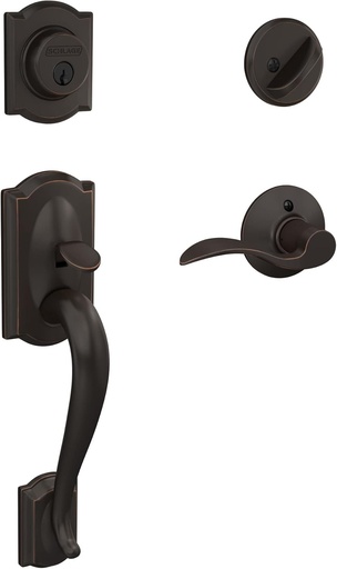[BRSWIYQ3CYDBG2TM] Schlage F60 V CAM 716 ACC Camelot Front Entry Handleset with Accent Lever, Deadbolt Keyed 1 Side, Aged Bronze