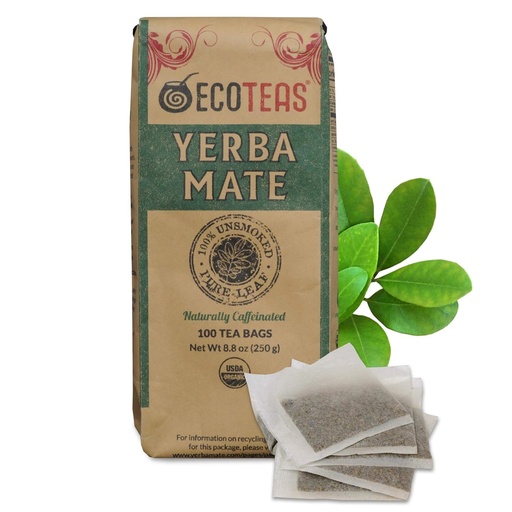 [BRSWGC34BAJRUD33] ECOTEAS Premium Organic Yerba Mate Tea Bags – Natural Energy & Detox Herbal Tea – Coffee Alternative - Kosher, Non-GMO, Gluten-Free - 100 Unsmoked Bulk Bags, 8.8 oz (Pack of 1)