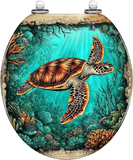 [BRSRAEILBV7WEHTB] Round Toilet Seat Intricate Sea Turtle Sketch Vintage Parchment Resin Toilet Seat Quietly Close Quick Release Hinges Decorative Toilet Seat with Cover Easy to Install