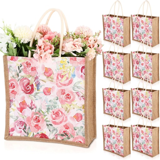 [BRSREFQOPJ5RMG3O] 8 Pcs Jute Floral Totes Bags Reusable Grocery Bags with Handle Burlap for Tea Birthday Baby Bridal Shower Wedding Treat Gift