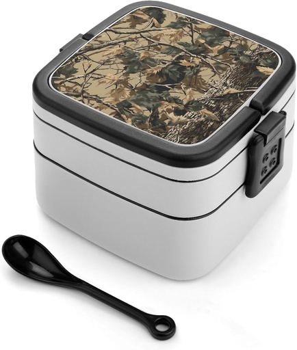 [BRSRACQPO4JWGG33] Hunting Camouflage Leaves Pattern Portable Bento Box with Handle 2 Compartment Leak-Proof Stackable Lunch Box for Work Picnic Camping
