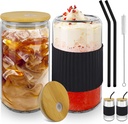 Drinking Glass Cups with Bamboo Lids and Silicon Straws-2PCS 16oz Iced Coffee Glasses-Beer Can Shaped Set-Cute Tumbler Cup-Ideal for Cocktail/Whiskey/Soda/Tea-Coffee Bar Accessories Gift
