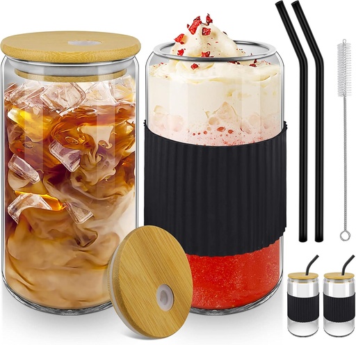 [BRSROY32OQPQAYLV] Drinking Glass Cups with Bamboo Lids and Silicon Straws-2PCS 16oz Iced Coffee Glasses-Beer Can Shaped Set-Cute Tumbler Cup-Ideal for Cocktail/Whiskey/Soda/Tea-Coffee Bar Accessories Gift