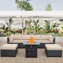7 Piece Outdoor Patio Furniture Set with Wicker Sectional Sofa,Cushions, Fire Pit Table, Rattan Modular Conversation Set for Backyard Garden Porch Lounge Seating
