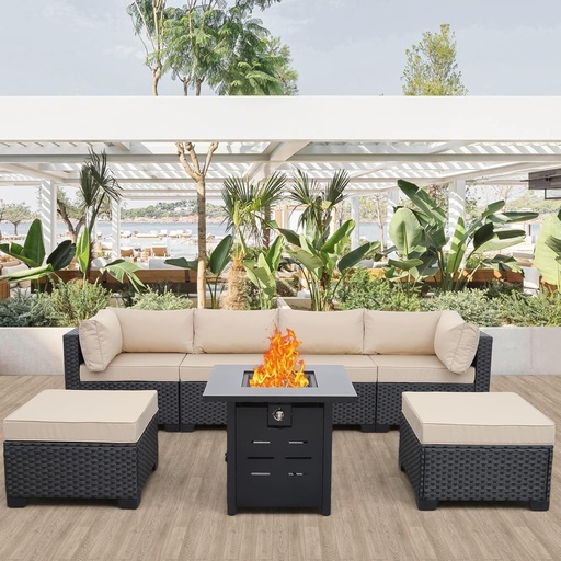 [BRSREFQLAV4BQAYU] 7 Piece Outdoor Patio Furniture Set with Wicker Sectional Sofa,Cushions, Fire Pit Table, Rattan Modular Conversation Set for Backyard Garden Porch Lounge Seating
