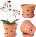 6 Inch Terracotta Orchid Pots with Holes, Saucers - 3 Pack Clay Orchid Planter Pots for Repotting, Small Terra Cotta Pot, Indoor & Outdoor, Promotes Air Circulation