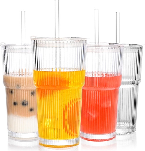 [BRSREYLROUMQO2YU] 20 oz Ribbed Glass Tumblers With Lids and Straws,Clear Drinking Glasses Set of 4,Reusable Vintage Iced Coffee Cups,Leak Proof Thick Glass Cups for Juice,Cocktail,Smoothie,Beer,Boba