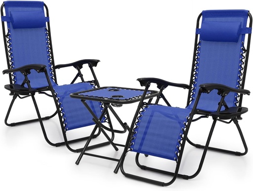 [BRSREZQCOQNRQE36] Athena Collection Zero Gravity Outdoor Lounge Chair Set of 2 with Side Table, 25" Width Pool Lounge Lawn Chairs Reclining with Cup Holder, Outdoor Chaise for Beach Patio Backyard Outside, Blue