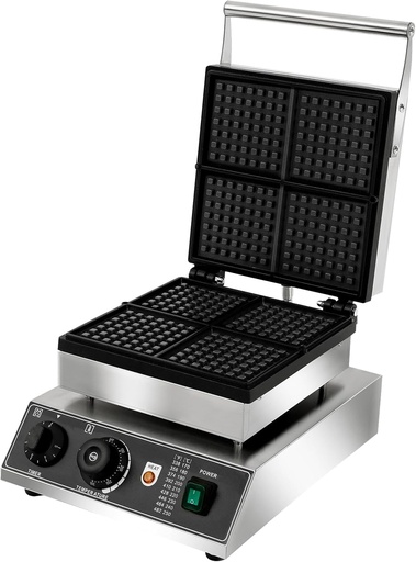 [BRSREA33BMNA43LF] 1750W Commercial Waffle Maker, Waffle Making Machine with Four 4.5×4.5-inch Molds, Electric Waffle Maker, 122-572°F Temperature Range and 0-5 Min Time Control, for Restaurant Snack Bar Family