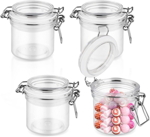 [BRSRA2Q7AQCQGH3F] 4 Pcs Plastic Storage Jars Clear Round Storage Sealed Bottles with Leak Proof Rubber Lid for Food Candy Gift Sugar Coffee Nuts - 200ml/6.8oz