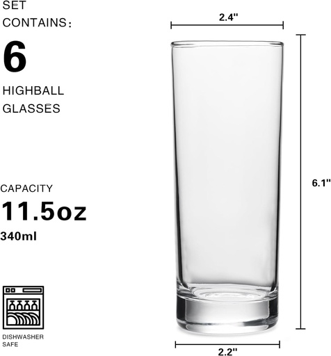 [BRSRE2Y6BMFQGC3V] Glasses Set of 6, 11.5oz Tall Drinking Glasses, Water Glass for Kitchen,Clear Tall Glass Cups,Cute Cocktail Glasses,Lead-Free Water Glasses Bar Glassware for Mojito Beverages and Mixed Drinks