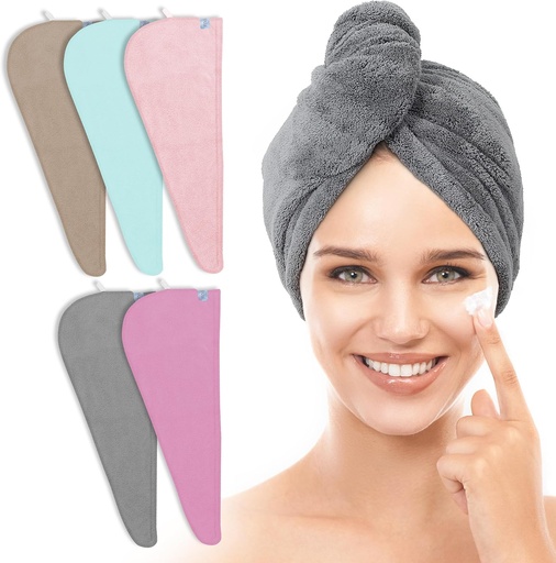 [BRSW2BQNAQFBQCI3] TENSTARS 5 Pack Thicken Microfiber Hair Towel Wrap for Women - Elastic Loop Design - 320GSM Coral Velvet - Quick Dry Hair Turban - 11x28 Inch (Grey+Pink+Brown+FrozenBlue+FrozenBerry)