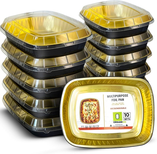 [BRSROEIYAABQ2334] Aluminum Pans with Lids [Microwave-safe] Disposable Gold Aluminum Foil Baking Pans [10 Sets] 8.5"x11" Multipurpose Tin Foil Food Storage Containers with Lids for Cooking, Catering, Freezer Meal Prep