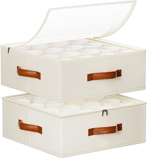 [BRSREYL3C55BUEY2] 2 Pack Coffee Mug Storage Box with Dividers, Stackable China Storage Containers with Lid, Zipper, and Handles for 32 Coffee Mugs and Cups, Mug Storage Organizer for Packing & Moving, Beige