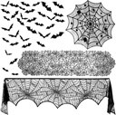ZeeDix 39 Pcs Halloween Decorations Kit Black Lace Spiderweb Round Tablecloth Table Runner, Giant Spider Cobweb Fireplace Scarf with 36PCS Scary 3D Bats Wall Stickers for Halloween Party Decor