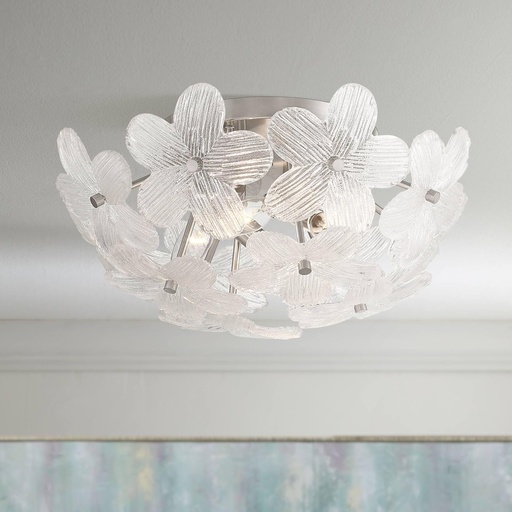 [BRSRAGL5DN5WGELA] Possini Euro Design Filoli 16" Modern Semi Flush-Mount Ceiling Light Fixture Kitchen Foyer Hallway Flower Unique Silver Brushed Nickel Finish Glass Metal Bedroom Bathroom Entryway Living Room Indoor